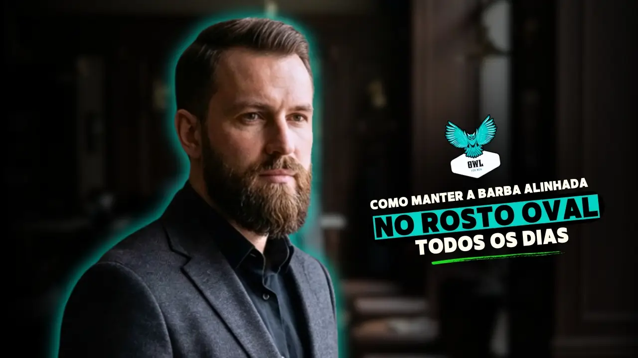 Homem com rosto oval e barba média bem alinhada, representando rotina prática de como cuidar da barba para um visual saudável e profissional.