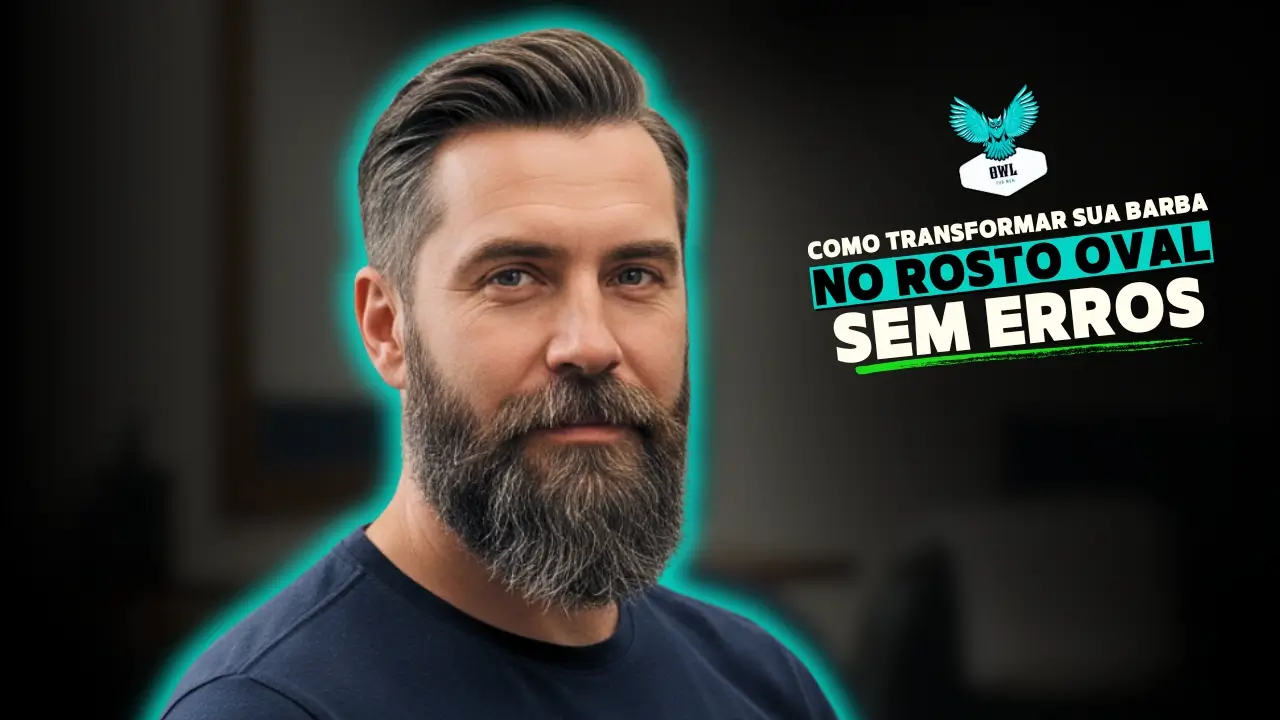 Homem adulto com rosto oval e barba em transição, em ambiente moderno e elegante, olhando levemente para frente com expressão confiante, transmitindo cuidado, estilo e transformação de visual.