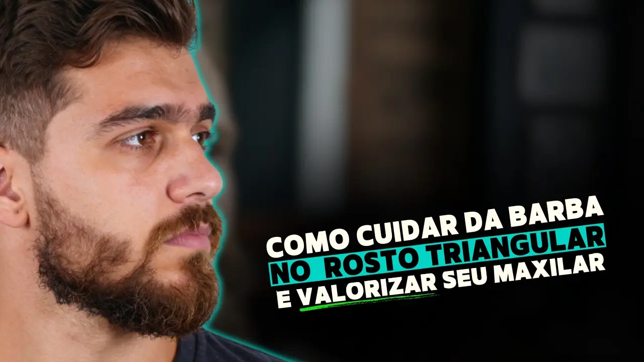 Homem com rosto triangular e barba curta a média bem cuidada, laterais mais cheias, comprimento controlado no queixo e maxilar definido, visual masculino elegante e harmonioso