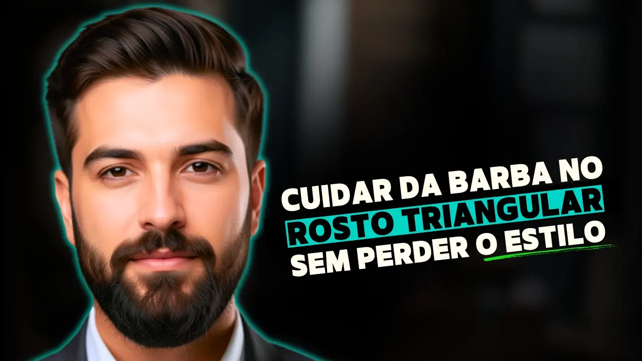 Homem com rosto triangular exibindo barba bem cuidada e contorno natural, representando cuidados masculinos e transição de estilo de barba.