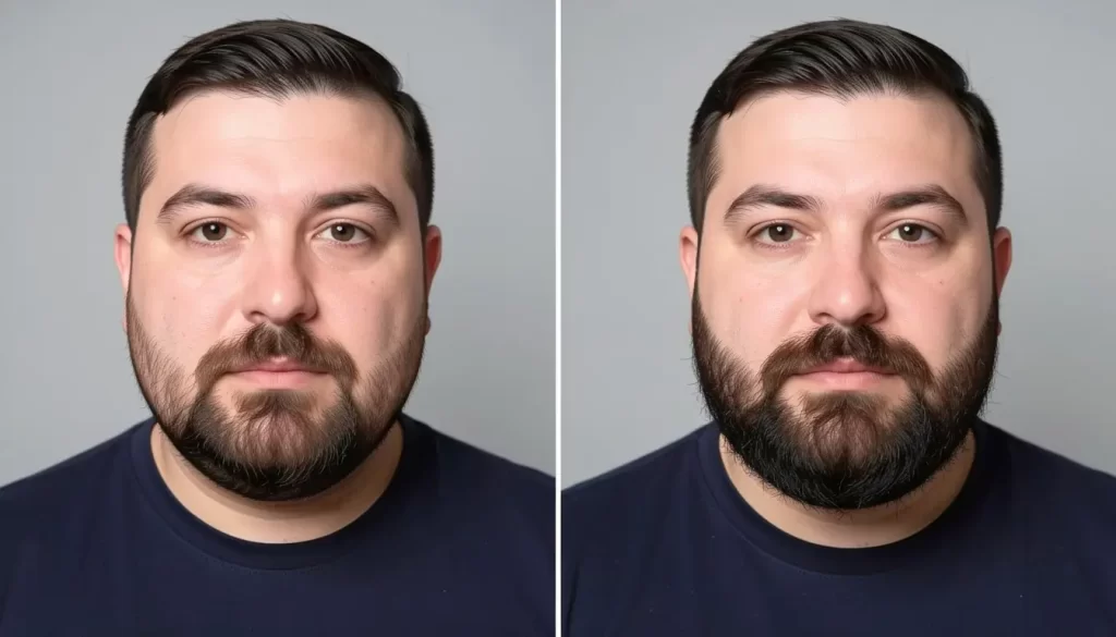 Homem com rosto redondo mostrando antes e depois de uma barba estilizada que alonga visualmente o formato do rosto.