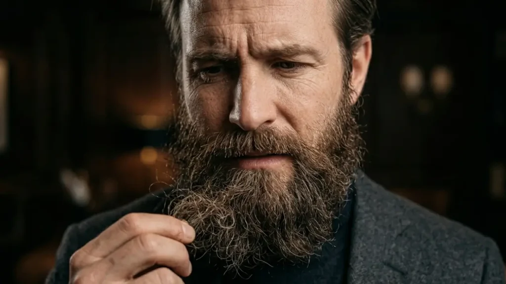 Close-up de homem com barba embaraçada, fios ressecados e nós visíveis, demonstrando frustração ao observar a barba desalinhada