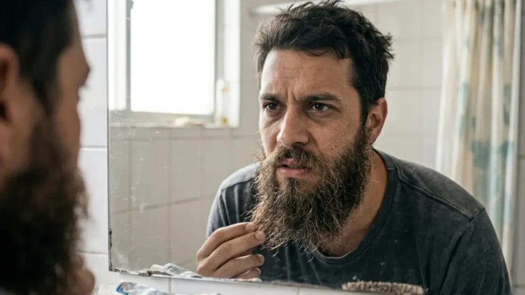 Homem com barba ressecada, embaraçada e desalinhada, mostrando fios com frizz e aspecto sem cuidado antes da rotina de hidratação
