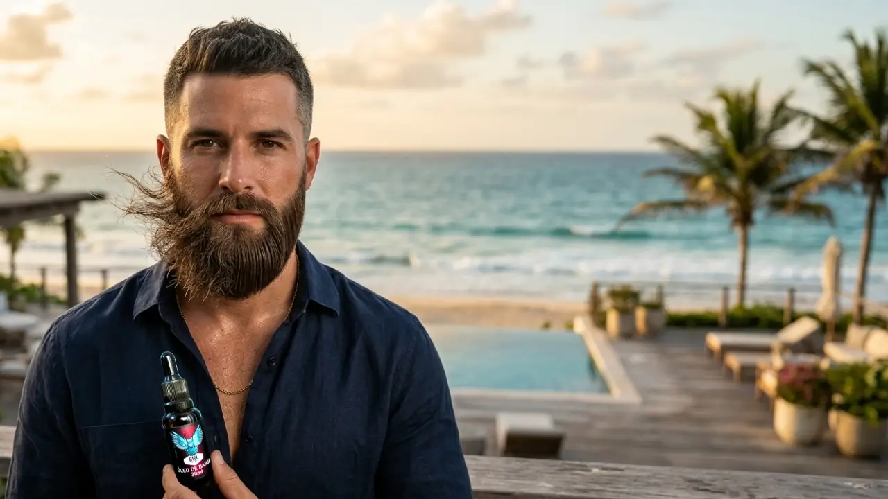 Homem com barba média a longa mostrando antes e depois, com um lado embaraçado e outro alinhado, ilustrando como evitar nós, frizz e ressecamento na barba