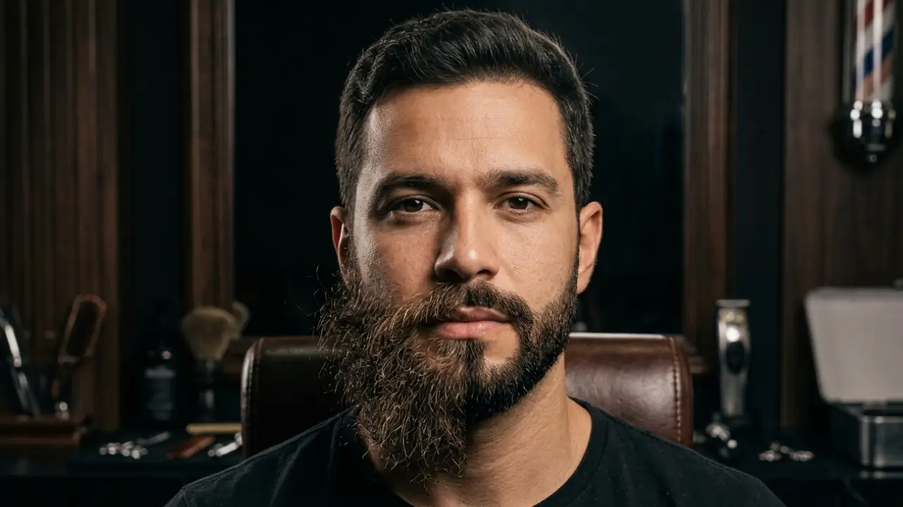Homem com barba dividida em antes e depois, mostrando barba embaraçada de um lado e barba alinhada, hidratada e sem nós do outro, em ambiente masculino sofisticado