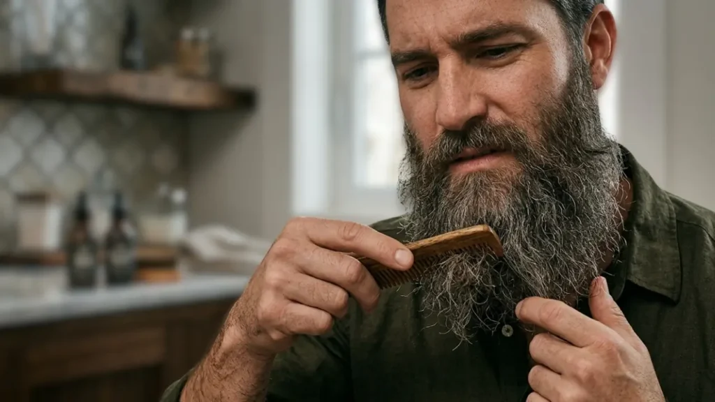 Homem com barba ressecada e embaraçada tentando pentear fios com nós e frizz