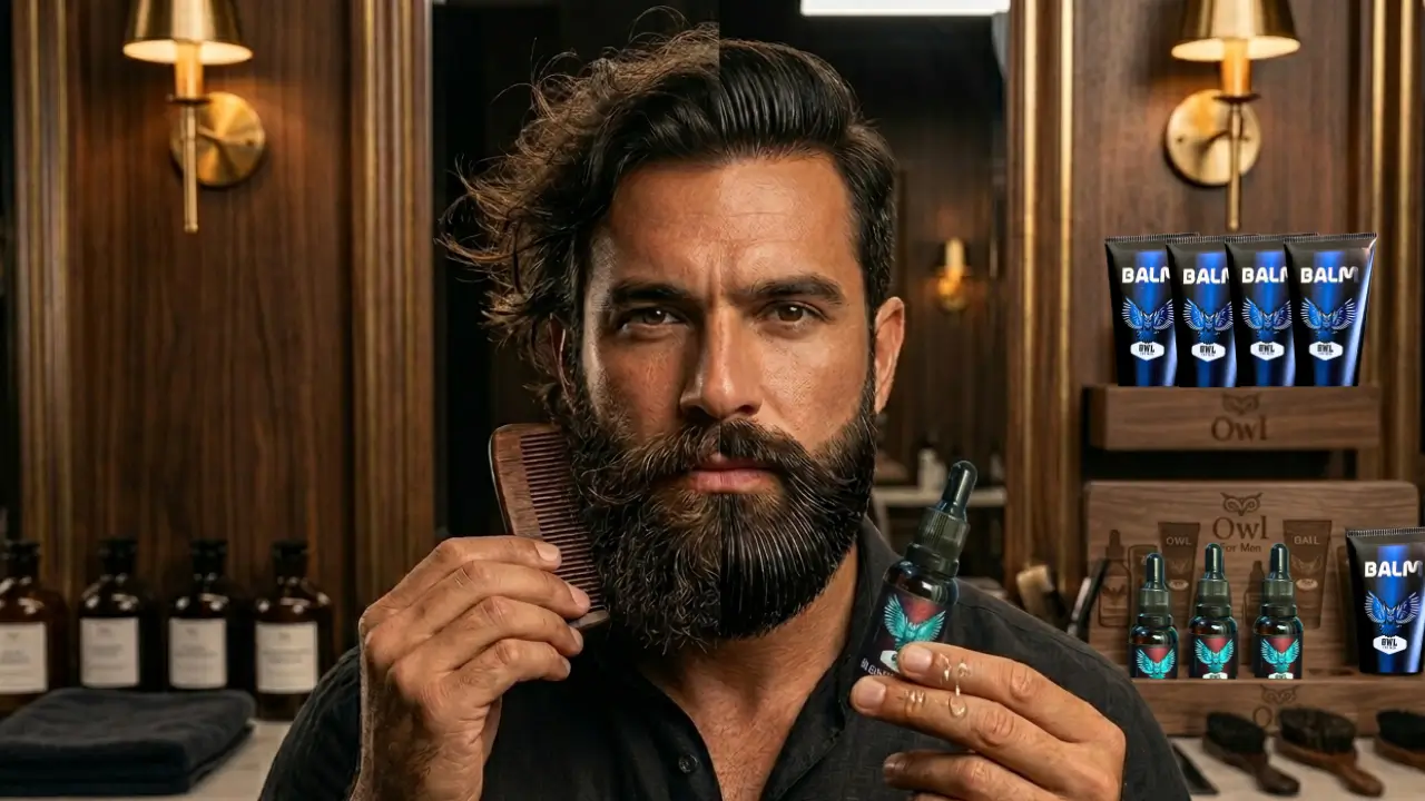 Barba embaraçada e ressecada sendo tratada com óleo e pente de madeira em rotina de cuidados masculinos