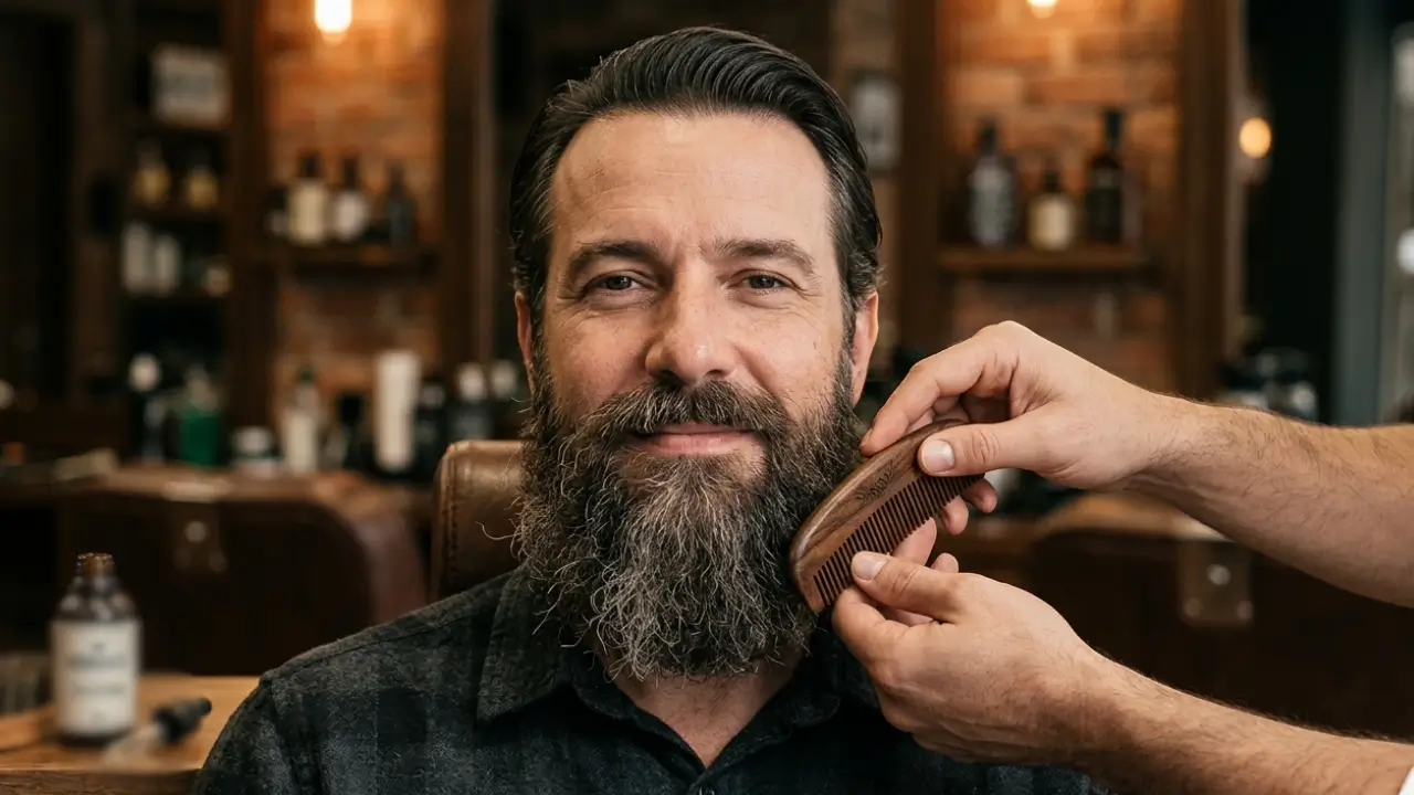 Homem com barba média mostrando comparação antes e depois: barba embaraçada e ressecada de um lado e barba alinhada, macia e hidratada do outro, sendo penteada com pente de madeira em ambiente de barbearia premium.