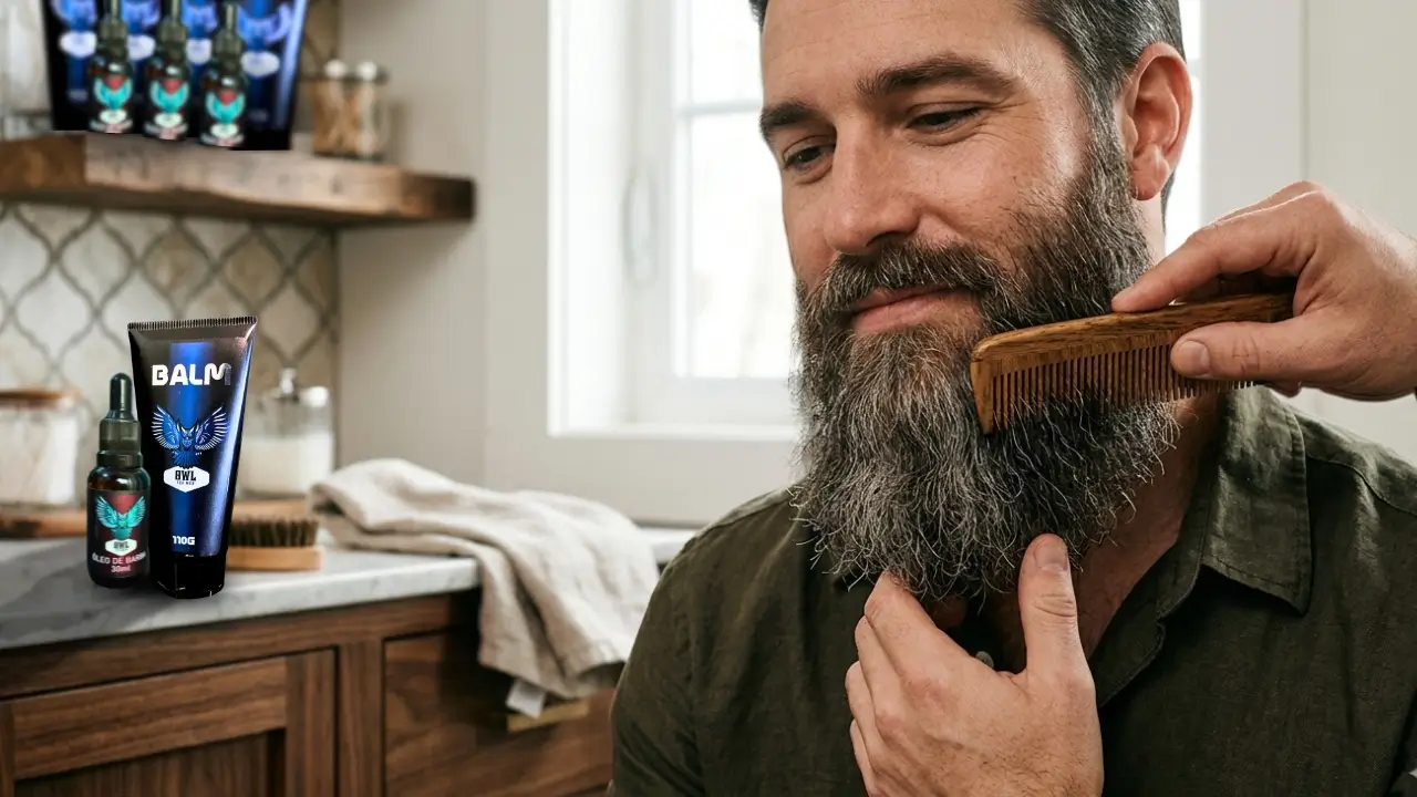 Homem desembaraçando barba com pente de madeira, mostrando fios alinhados e hidratados sem nós